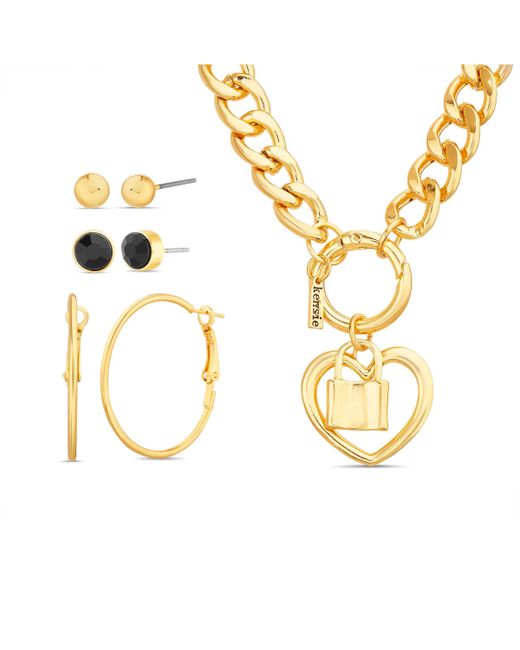 Kensie Heart and Locked Charm Necklace 3 Pair of Earrings Set