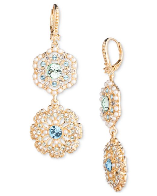 Marchesa Gold-Tone Crystal Imitation Pearl Flower Double Drop Earrings