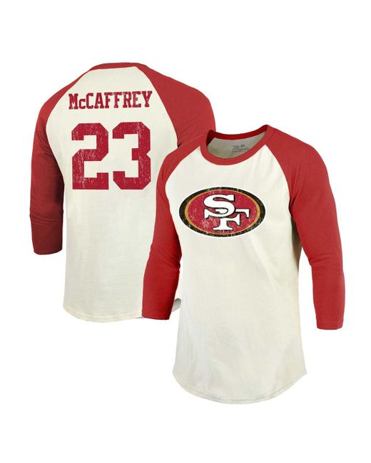 Majestic Threads Christian McCaffrey Scarlet San Francisco 49ers Player Name and Number Raglan 3/4-Sleeve T-shirt