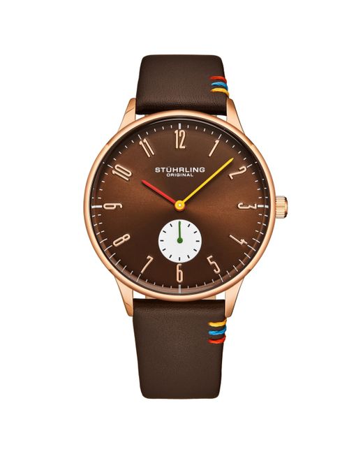 Stuhrling leather strap Quartz dial Rose Gold case Red yellow and green hands