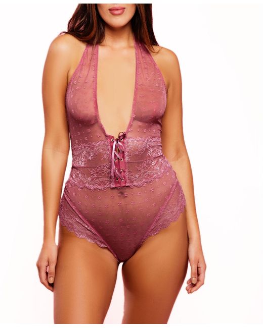 Hauty Halter One Piece Plus Dotted Mesh Teddy Lingerie with Velvet Lace Up