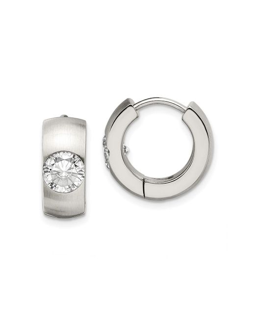 Chisel Brushed Polished Cz Round Hinged Hoop Earrings