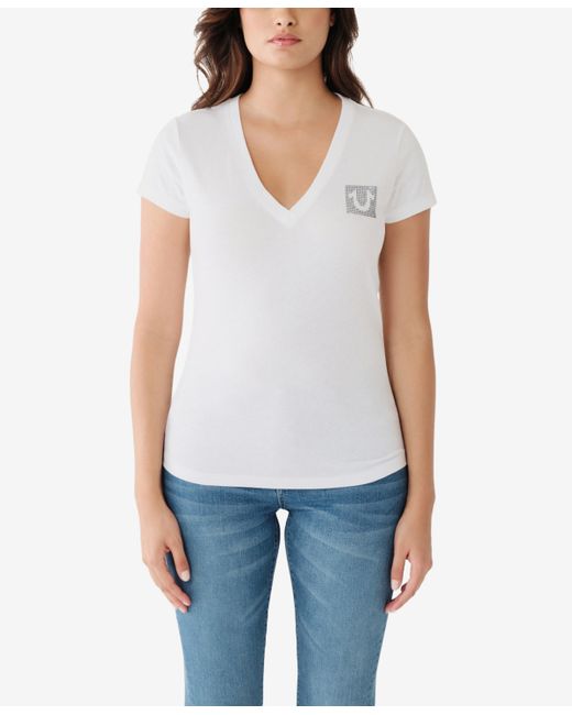True Religion Short Sleeve Crystal Box Horseshoe Logo V-neck T-shirt