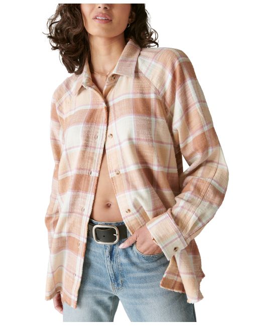 Lucky Brand Cotton Oversized Distressed Plaid Shirt