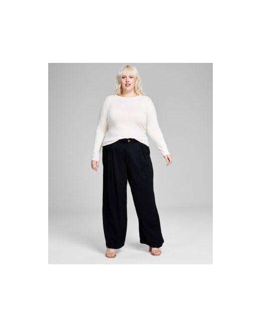 And Now This Now This Trendy Plus Button Shoulder Long Sleeve Top Easy Trousers