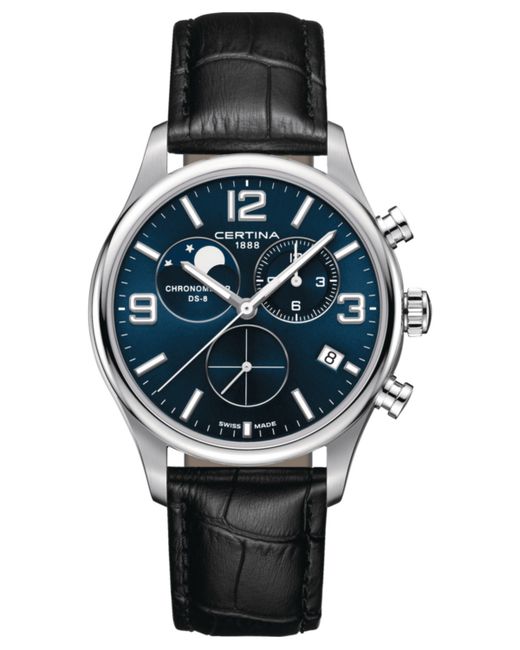 Certina Swiss Chronograph Ds-8 Moon Phase Black Leather Strap Watch 42mm