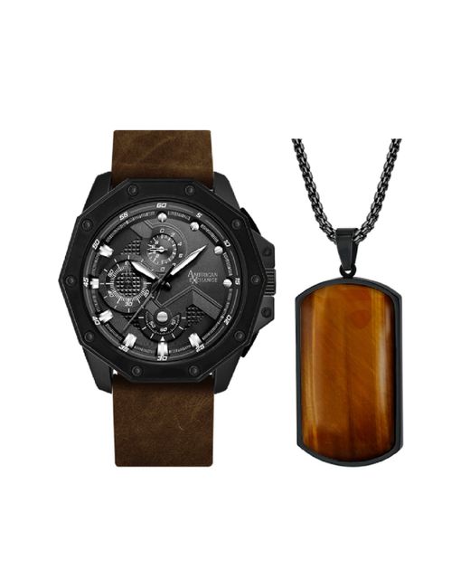American Exchange Analog Three-Hand Quartz Matte Leather Strap Watch 48mm Gift Set