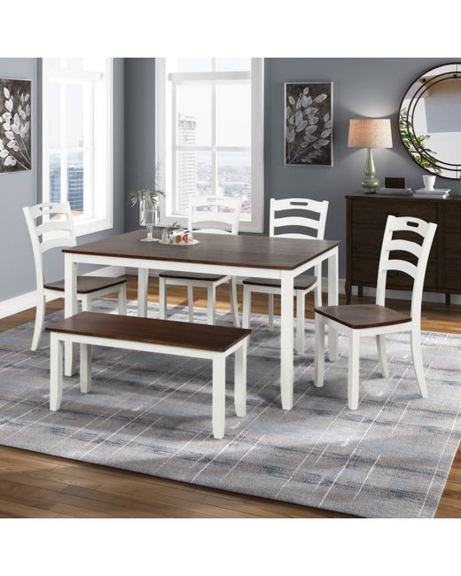 Simplie Fun 6 Piece Dining Table Set with Bench Waterproof Coat Ivory and Cherry