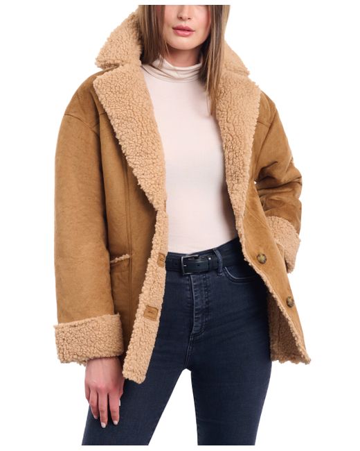 Lucky Brand Faux-Shearling Button-Front Coat Camel