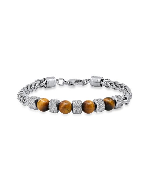 SteelTime Stainless Steel Wheat Chain and Tiger Eye Beads Bracelet