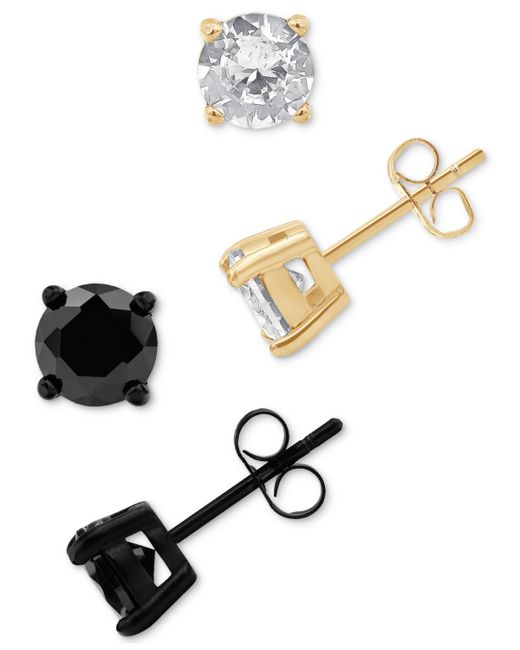 Blackjack 2-Pc. Set Cubic Zirconia Stud Earrings Black Gold-Tone Ion-Plated Sterling