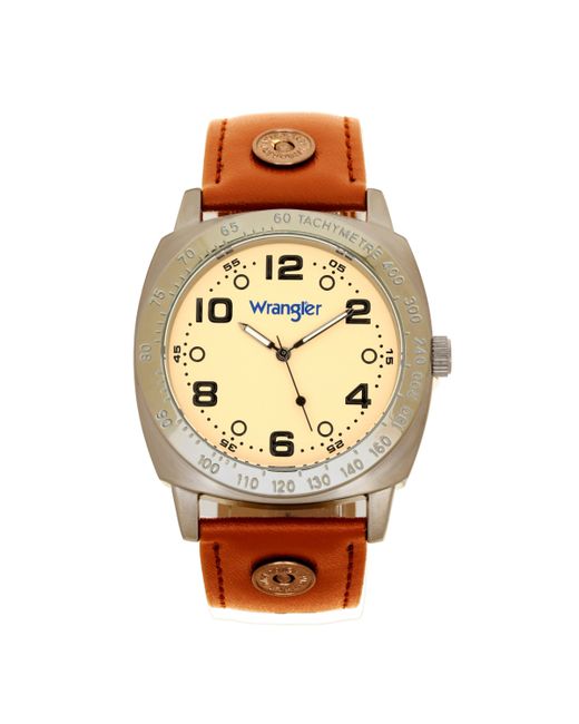 Wrangler Watch 44MM Ip Grey Cushion Shaped Case Beige Dial with Black Arabic Numerals Strap Rivets Second Hand