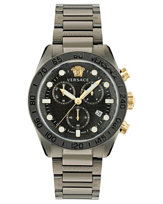 Versace Swiss Chronograph Greca Dome Gunmetal Ion Plated Bracelet Watch 43mm
