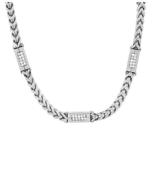 SteelTime Stainless Steel Wheat Chain and Simulated Diamonds Link Necklace
