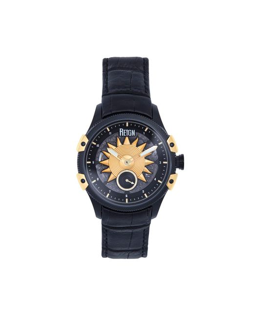 Reign Solstice Automatic Semi-Skeleton Leather Strap Watch Gold gold