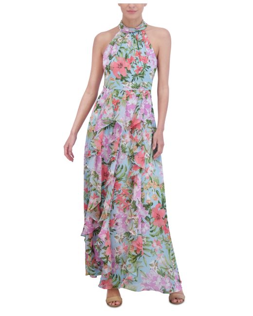 Eliza J Floral-Print Ruffled Halter Maxi Dress