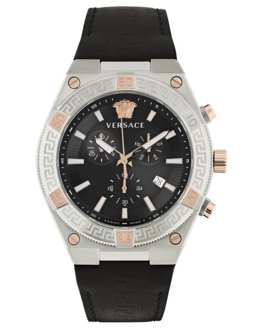 Versace Swiss Chronograph V-Sporty Greca Black Leather Strap Watch 46mm