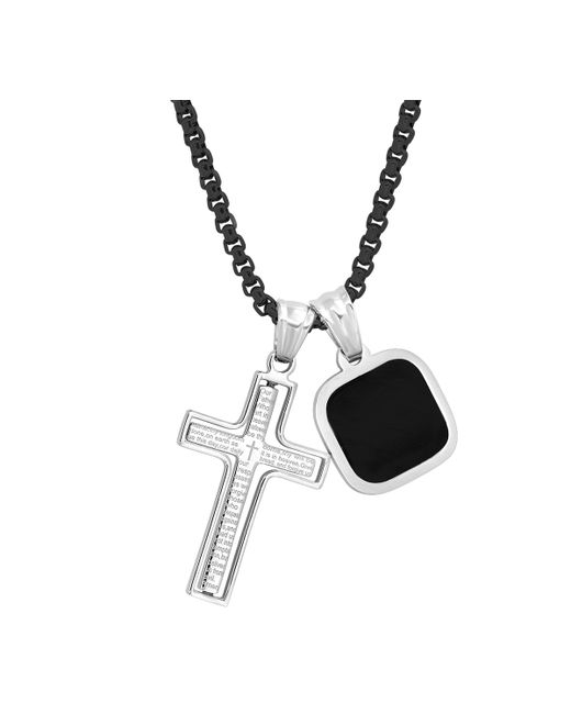 SteelTime Silver-Tone Our Father English Prayer Spinning Cross Square Pendant Necklace 24 Silver