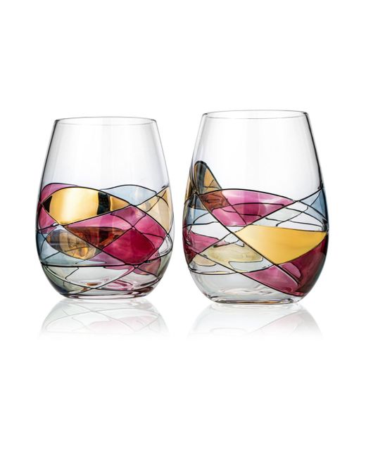 The Wine Savant Artisanal Hand Painted Stemless Wine Glasses Set of 2