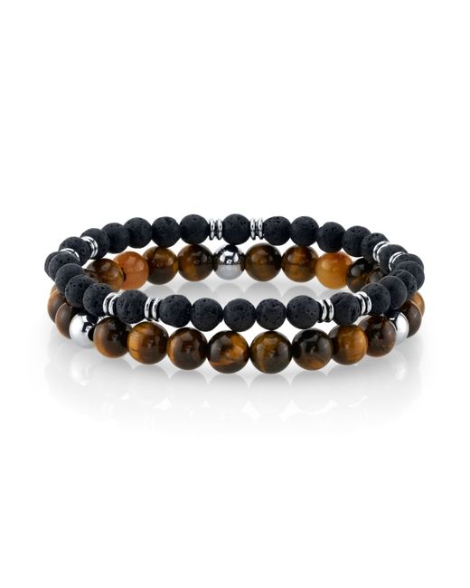 He Rocks Tiger Eye Stone and Lava Bead Double Bracelet with Stainless Steel Beads 8.5 Brown/Stainless