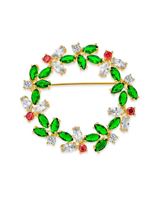 Bling Jewelry Colorful Marquise Cubic Zirconia Cz Red White Round Fashion Christmas Holiday Wreath Brooch Pin For 14K Gold Plated