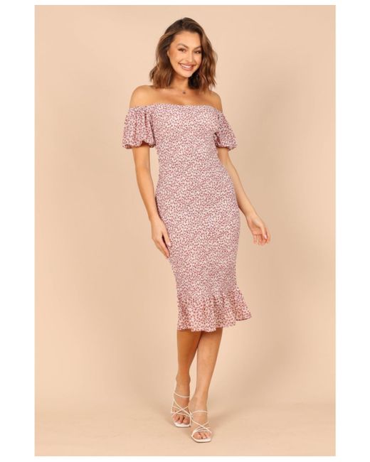 Petal And Pup Claire Shirred Bodycon Off Shoulder Midi Dress