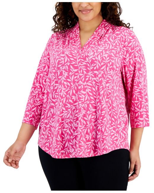 Jm Collection Plus Printed Veering Vine 3/4-Sleeve Top Created for