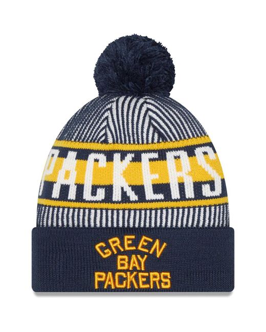New Era Green Bay Packers Striped Cuffed Knit Hat with Pom