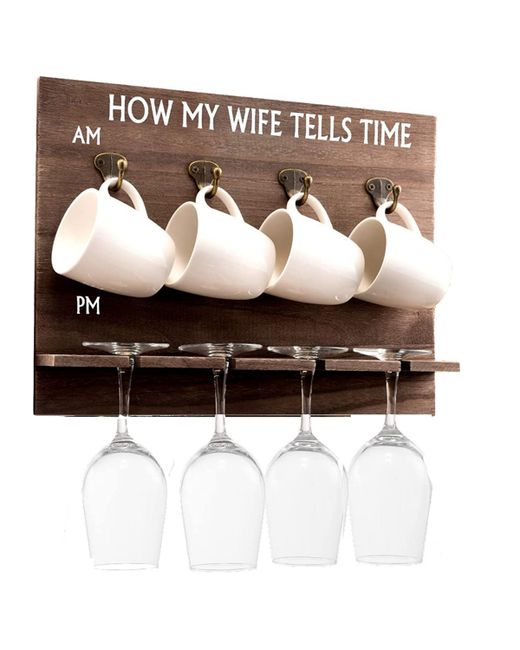 Bezrat How My Wife Tells Time Wall Mounted Wine Rack with Glasses and Coffee Mugs Set of 9