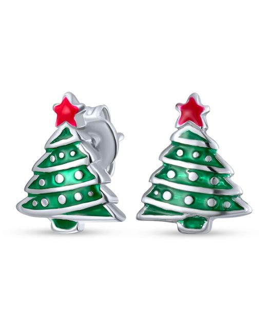 Bling Jewelry Small Fun Winter Holiday Red Star Enamel Christmas Tree Stud Earrings For Teens 925 Sterling Silver
