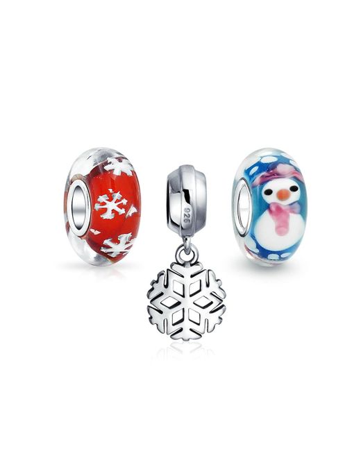 Bling Jewelry Christmas Snowman Snowflake Murano Glass Mix Set Of 3 Sterling Spacer Dangle Bead Bundle Fits European Charm Bracelet
