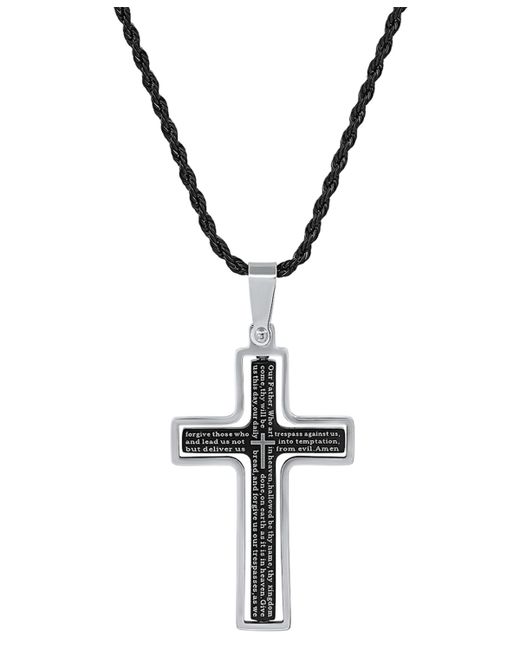 SteelTime Two-Tone Stainless Steel Our Father English Prayer Spinner Cross 24 Pendant Necklace Silver