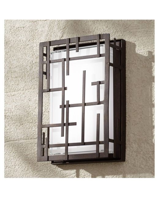 Possini Euro Design Modern Lines Outdoor Wall Light Fixture Led Dimmable Bronze Grid Frame 9 1/4 White Cased Glass for Exterior House Porch Patio Outside Deck Garage Yar