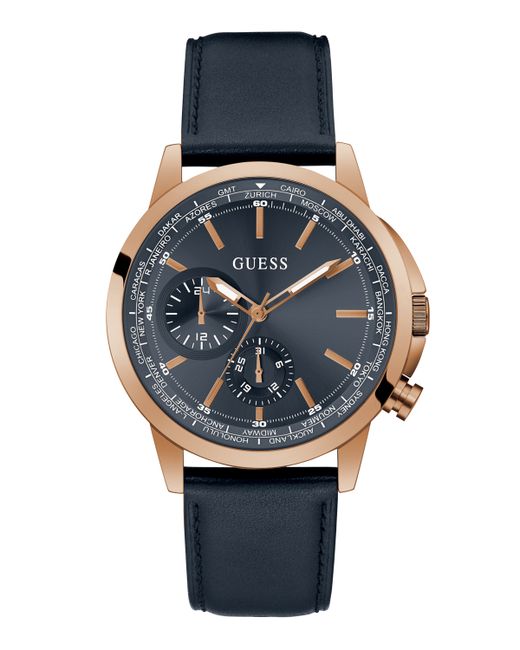 Guess Rose Gold-Tone Genuine Leather Multi-Function Strap Watch 44mm