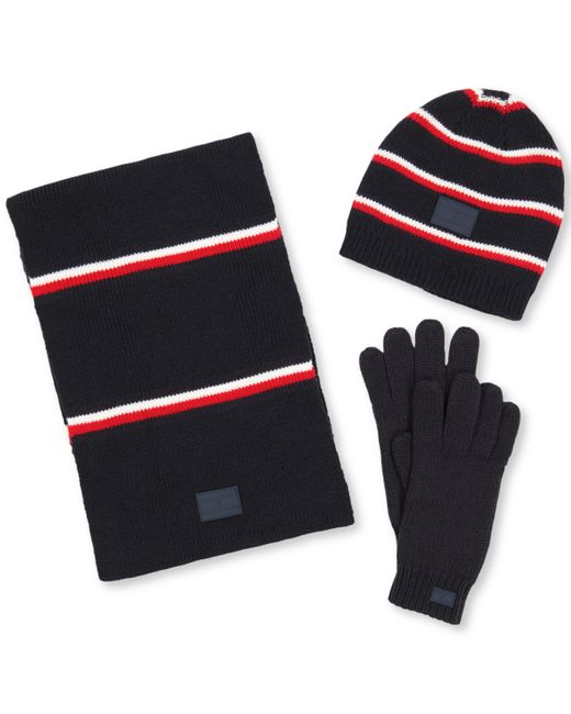 Tommy Hilfiger Global Stripe Beanie Scarf Gloves Set Snow White Apple