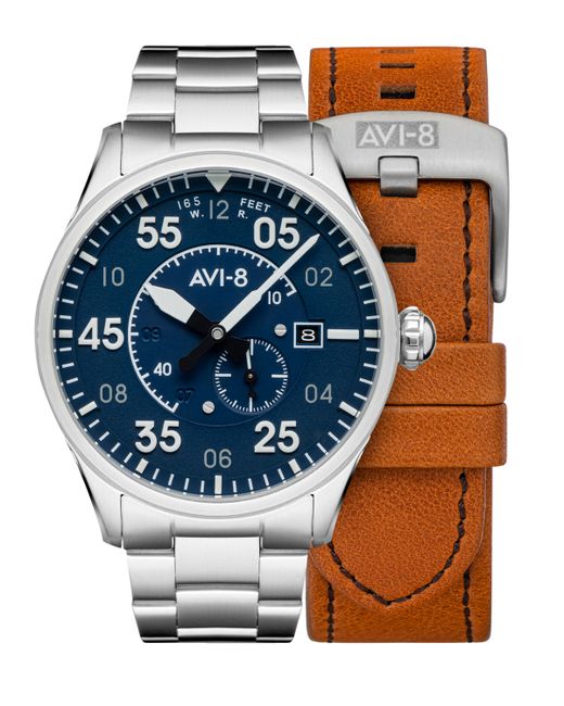 Avi-8 Spitfire Solid Stainless Steel Bracelet and Brown Genuine Leather Strap Watch