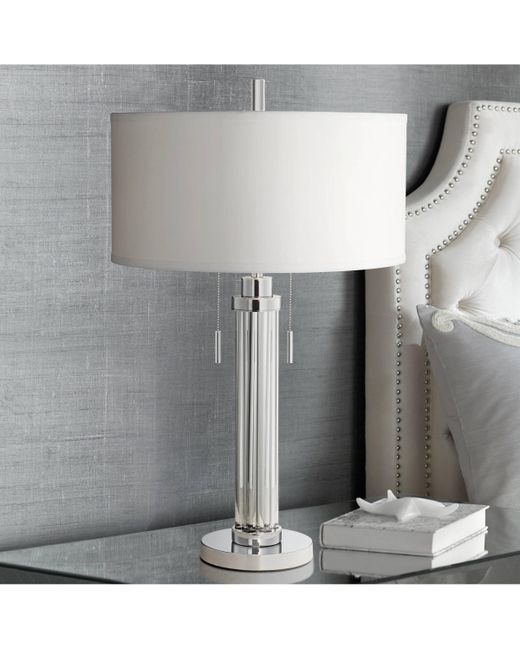 Possini Euro Design Cadence Modern Art Deco Style Column Table Lamp 30 Tall Chrome Linear Clear Glass Rod White Drum Shade Decor for Living Room Bedroom House Bed
