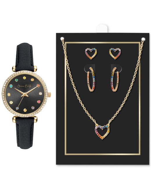 Jessica Carlyle Black Strap Watch 33mm Jewelry Gift Set