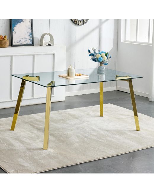 Simplie Fun Modern minimalist style rectangular glass dining table with tempered tabletop and metal legs suitable for kitchen ro