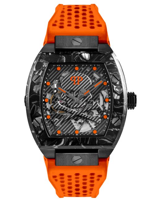 Philipp Plein Automatic The keleton Sport Master Orange Perforated Silicone Strap Watch 44x56mm