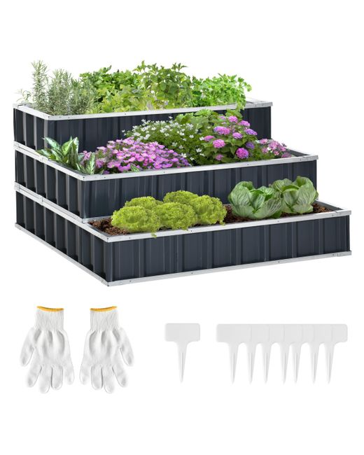 Outsunny 3 Tier Raised Garden Bed Metal Planer Box w Gloves Easy Assembly