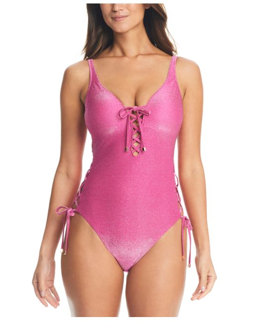 Bar III Shimmer Lace-Up One-Piece Swimsuit Created for