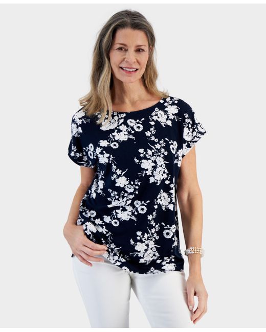 Style & Co Printed Boat-Neck Mixed Media Top Created for