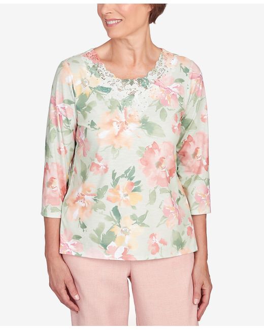 Alfred Dunner English Garden Watercolor Lace Neck Top