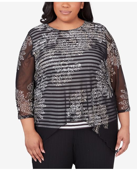Alfred Dunner Plus Opposites Attract Floral Mesh Stripe Top