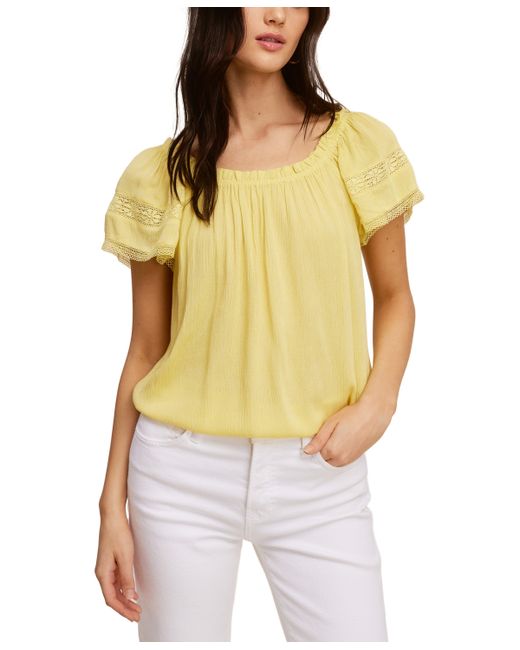 John Paul Richard Solid Peasant Top with Lace Trim Sleeve
