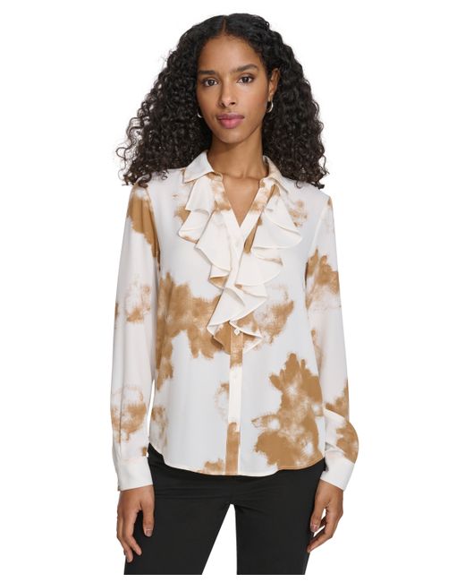 Calvin Klein Long-Sleeve Ruffle-Front Blouse luggage