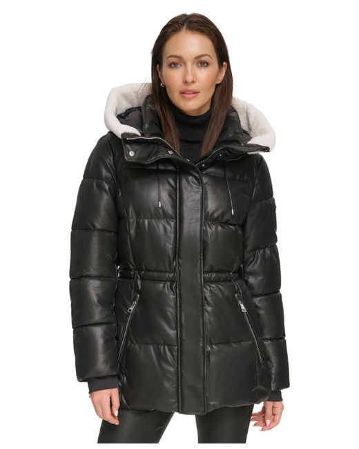 Dkny Faux-Leather Faux-Shearling Hooded Anorak Puffer Coat
