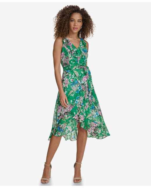 Kensie Floral-Print Ruffled Sleeveless Midi Dress