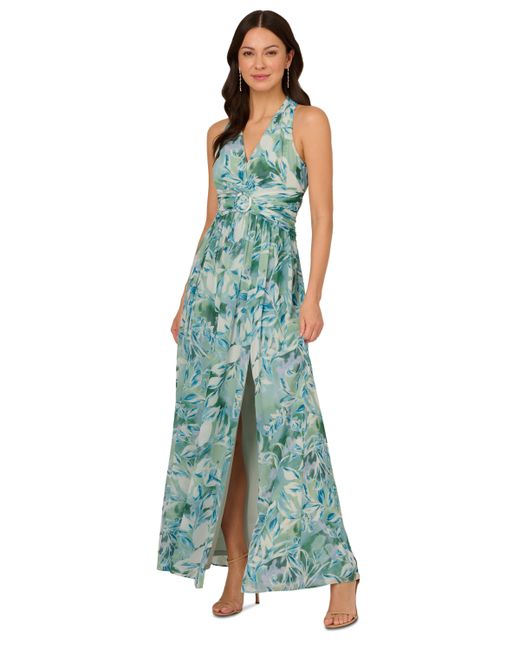Adrianna Papell Leaf-Print Chiffon Shirred Gown